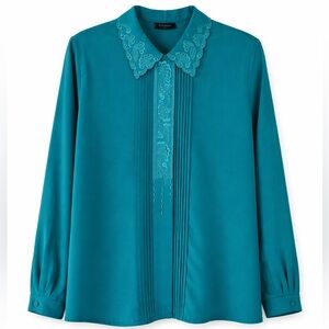 Laura Scott Vintage Teal Embroidered Scallop Collar Pintuck Blouse Size 14